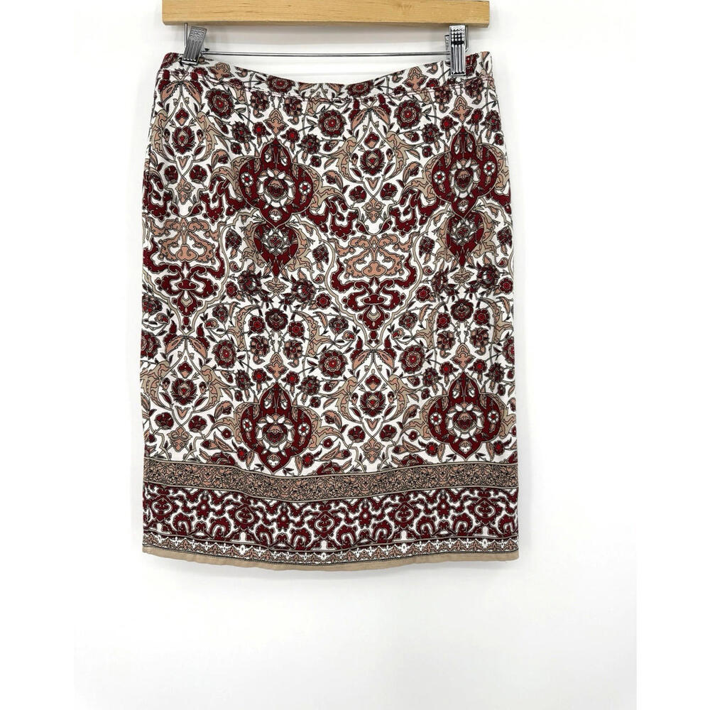 Max Studio S Earthy Classic Maroon White Floral Midi Office Wear Pattern Skirt